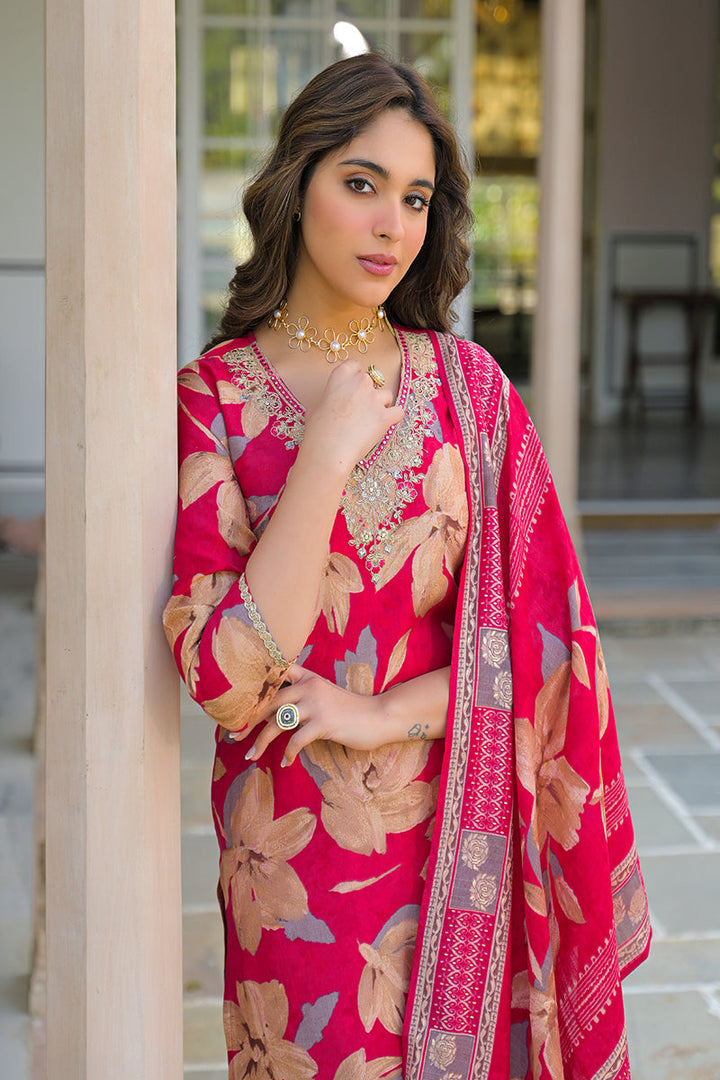 Pink Viscose Floral Embroidered Straight Kurta Trousers With Dupatta | SHOBITAM