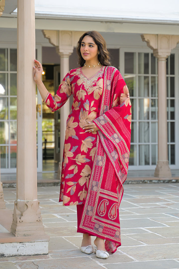 Pink Viscose Floral Embroidered Straight Kurta Trousers With Dupatta | SHOBITAM