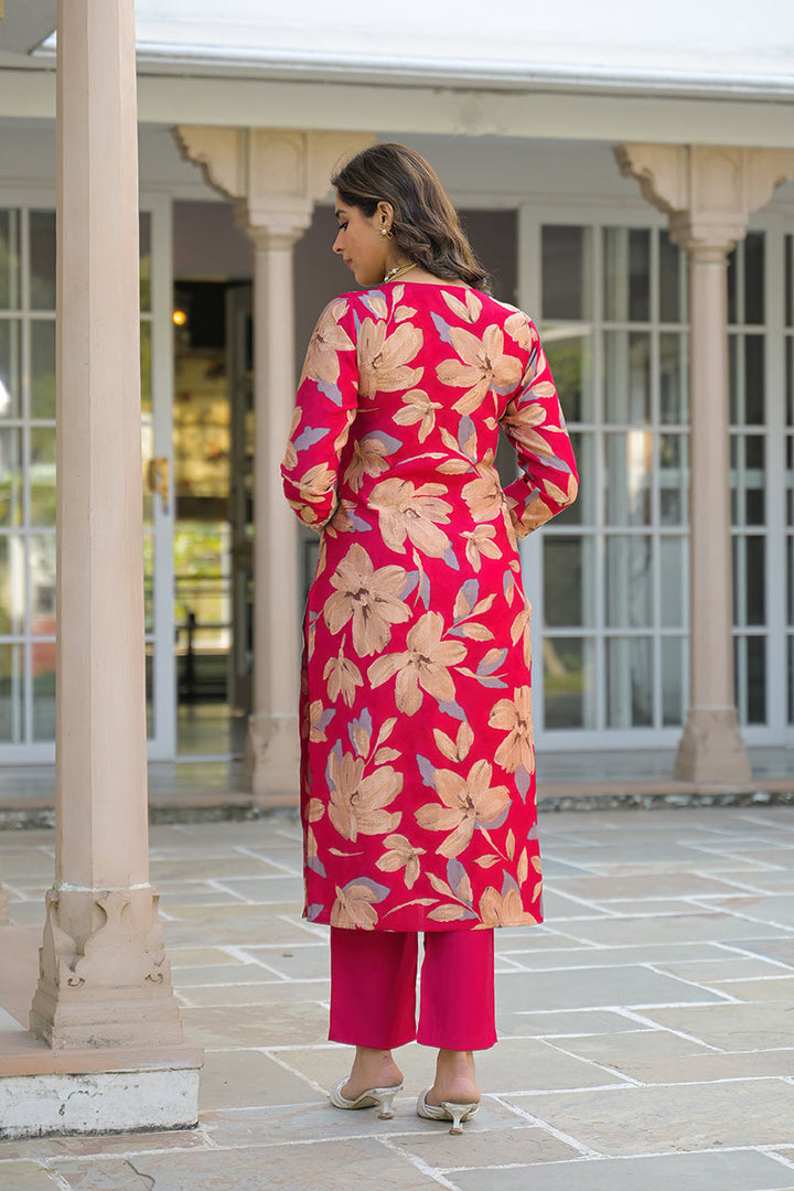 Pink Viscose Floral Embroidered Straight Kurta Trousers With Dupatta | SHOBITAM