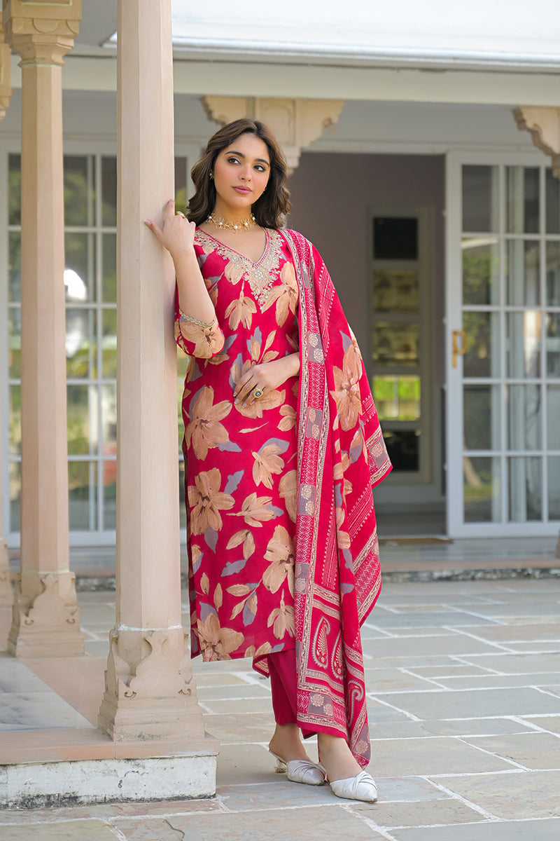 Pink Viscose Floral Embroidered Straight Kurta Trousers With Dupatta | SHOBITAM