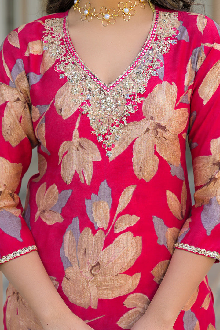 Pink Viscose Floral Embroidered Straight Kurta Trousers With Dupatta | SHOBITAM