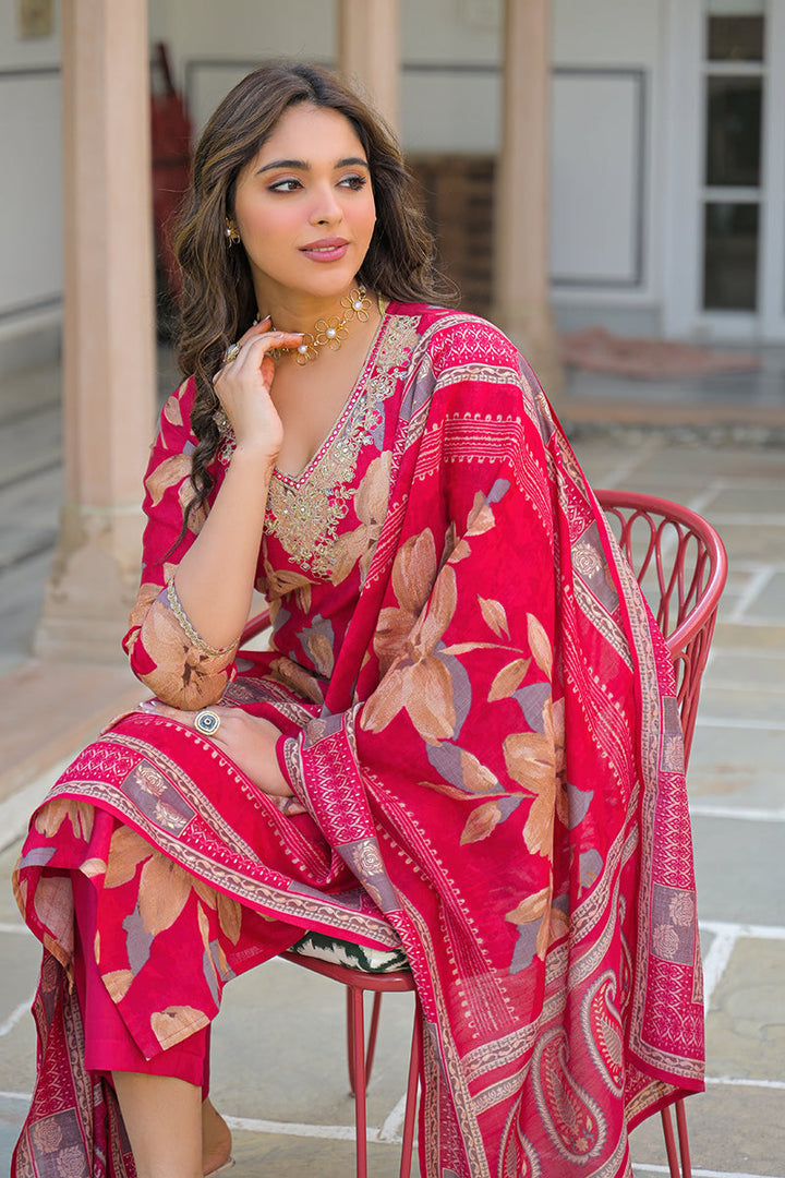 Pink Viscose Floral Embroidered Straight Kurta Trousers With Dupatta | SHOBITAM