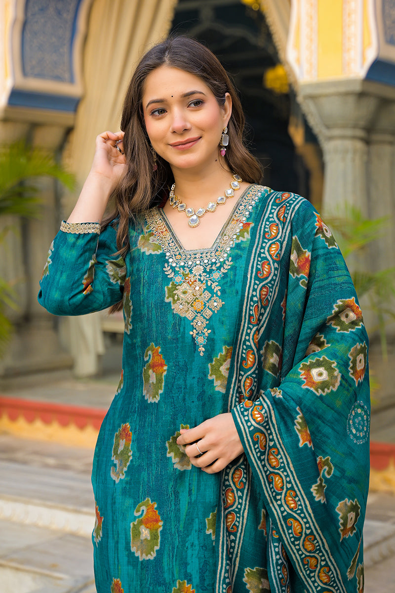 Teal Viscose Embroidered Straight Kurta Trousers With Dupatta | SHOBITAM