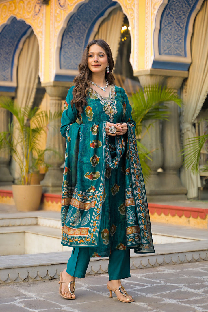 Teal Viscose Embroidered Straight Kurta Trousers With Dupatta | SHOBITAM