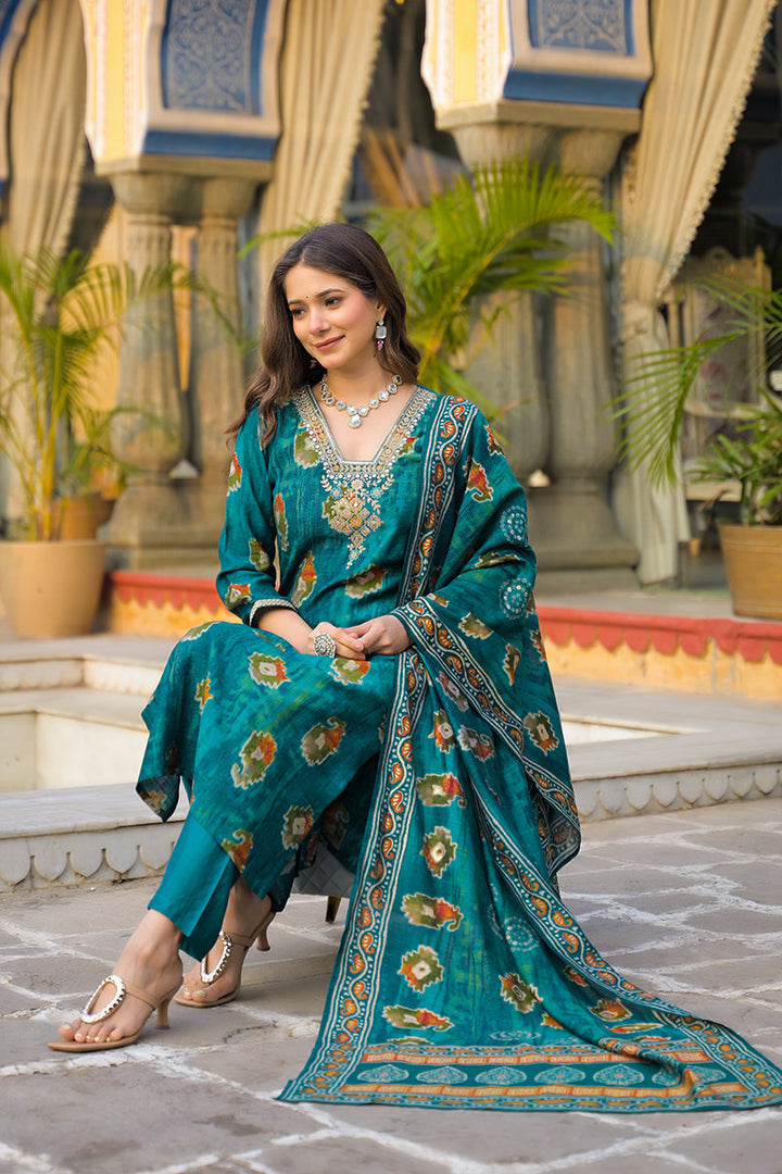 Teal Viscose Embroidered Straight Kurta Trousers With Dupatta | SHOBITAM