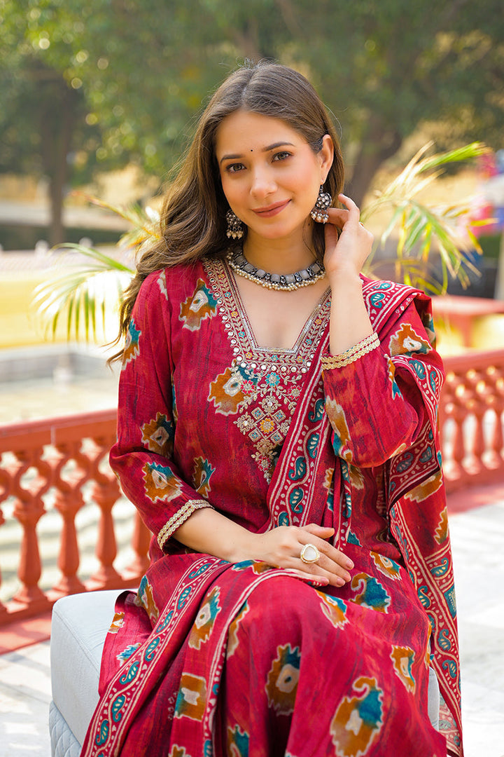 Maroon Viscose Embroidered Straight Kurta Trousers With Dupatta | SHOBITAM