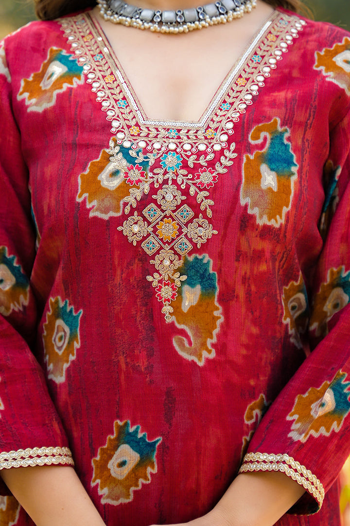 Maroon Viscose Embroidered Straight Kurta Trousers With Dupatta | SHOBITAM