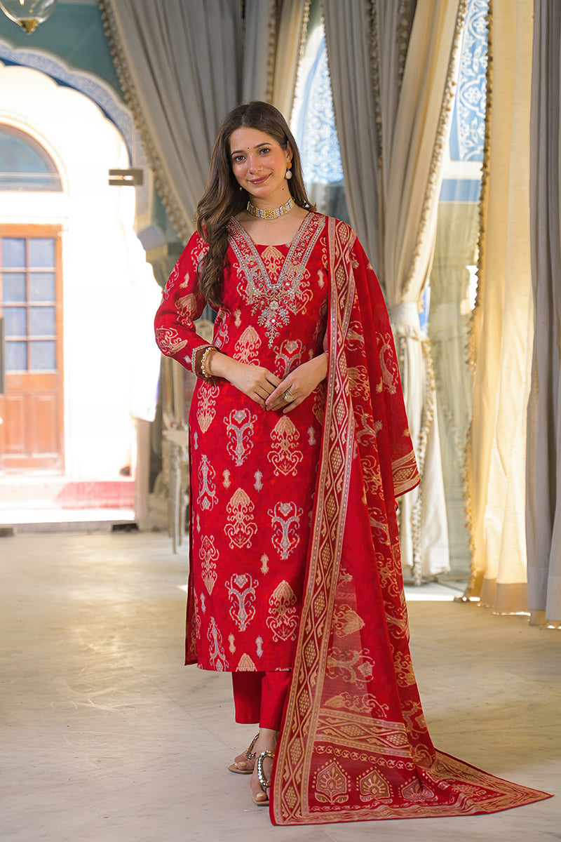 Red Viscose Ikat Printed Straight Kurta Trousers With Dupatta | SHOBITAM
