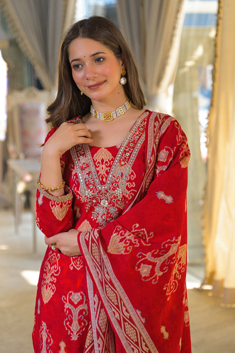 Red Viscose Ikat Printed Straight Kurta Trousers With Dupatta | SHOBITAM