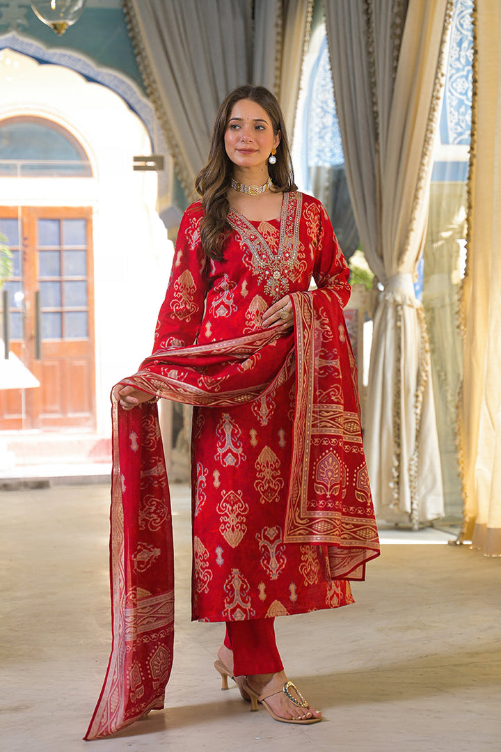 Red Viscose Ikat Printed Straight Kurta Trousers With Dupatta | SHOBITAM
