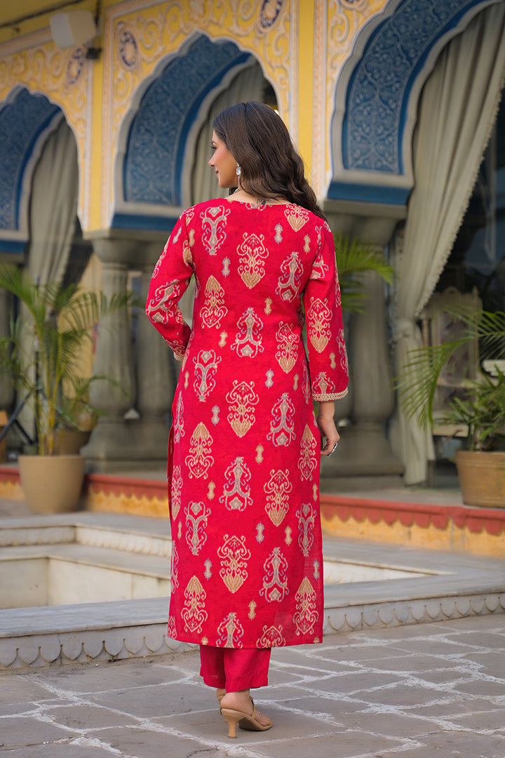 Red Viscose Ikat Printed Straight Kurta Trousers With Dupatta | SHOBITAM