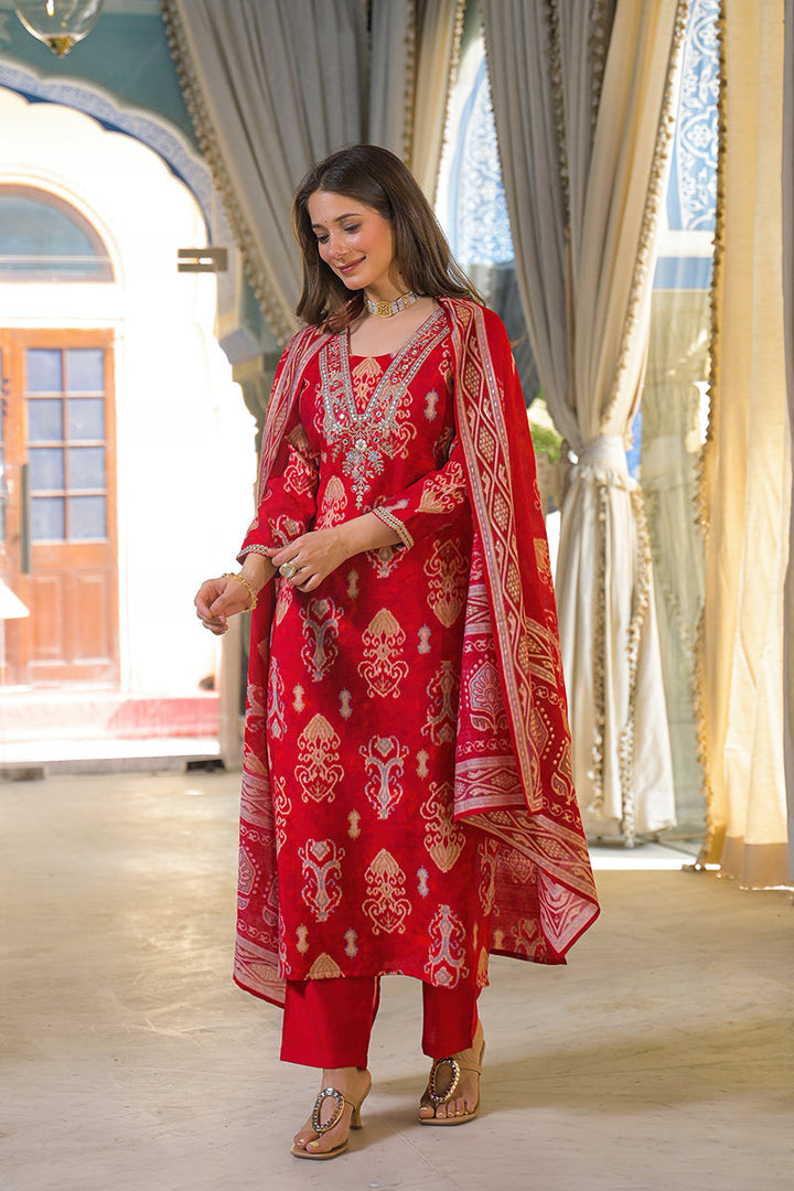 Red Viscose Ikat Printed Straight Kurta Trousers With Dupatta | SHOBITAM