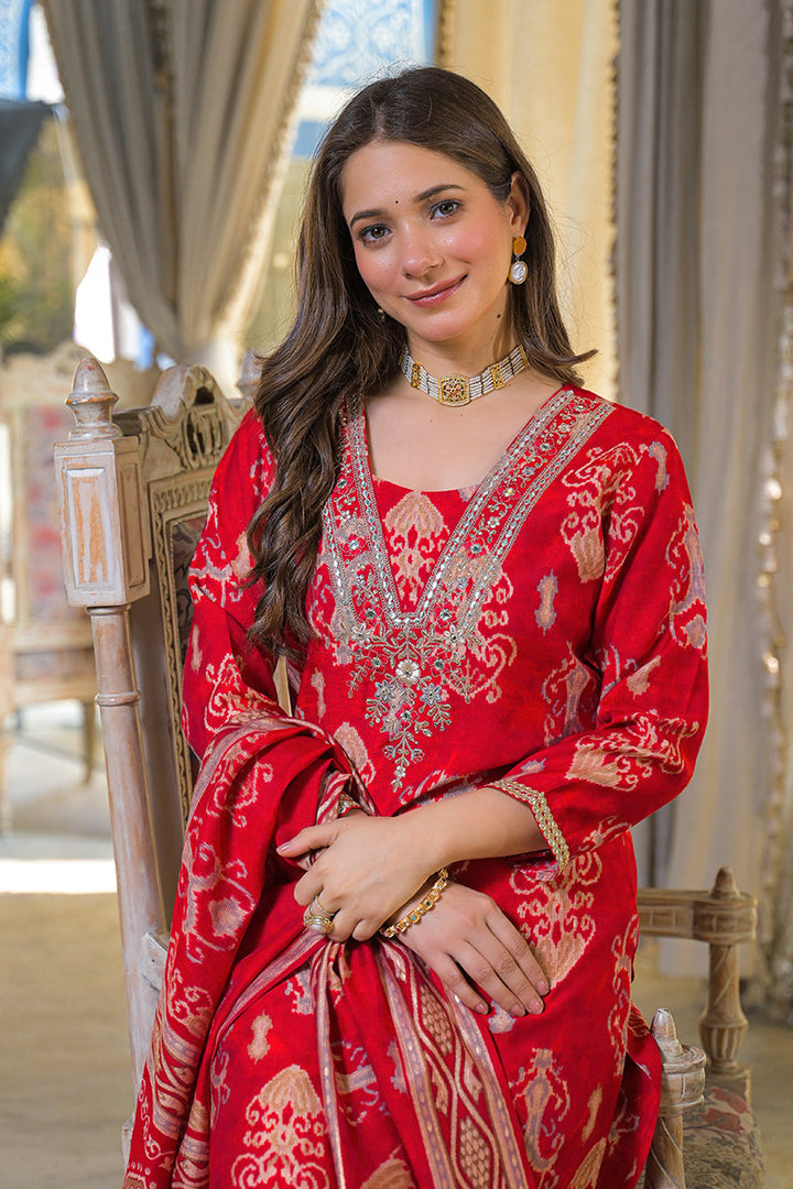 Red Viscose Ikat Printed Straight Kurta Trousers With Dupatta | SHOBITAM