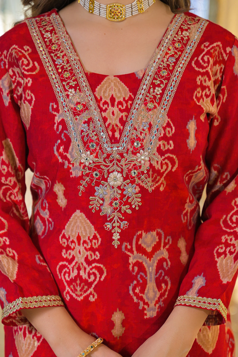 Red Viscose Ikat Printed Straight Kurta Trousers With Dupatta | SHOBITAM