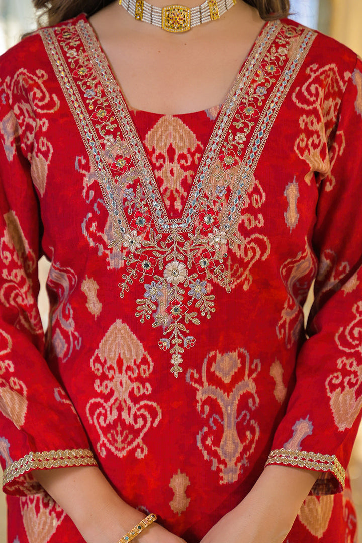 Red Viscose Ikat Printed Straight Kurta Trousers With Dupatta | SHOBITAM