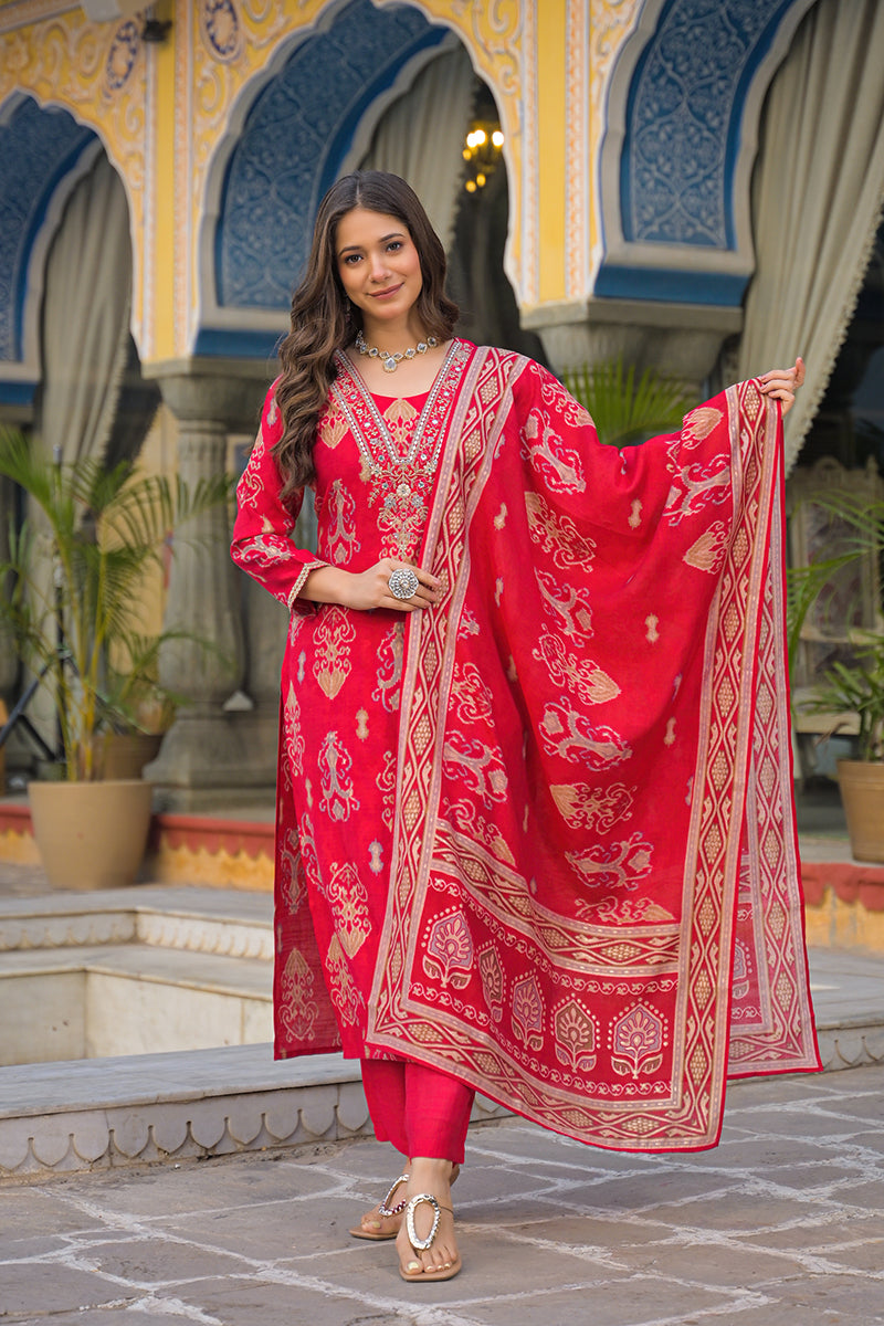Pink Viscose Ikat Printed Straight Kurta Trousers With Dupatta