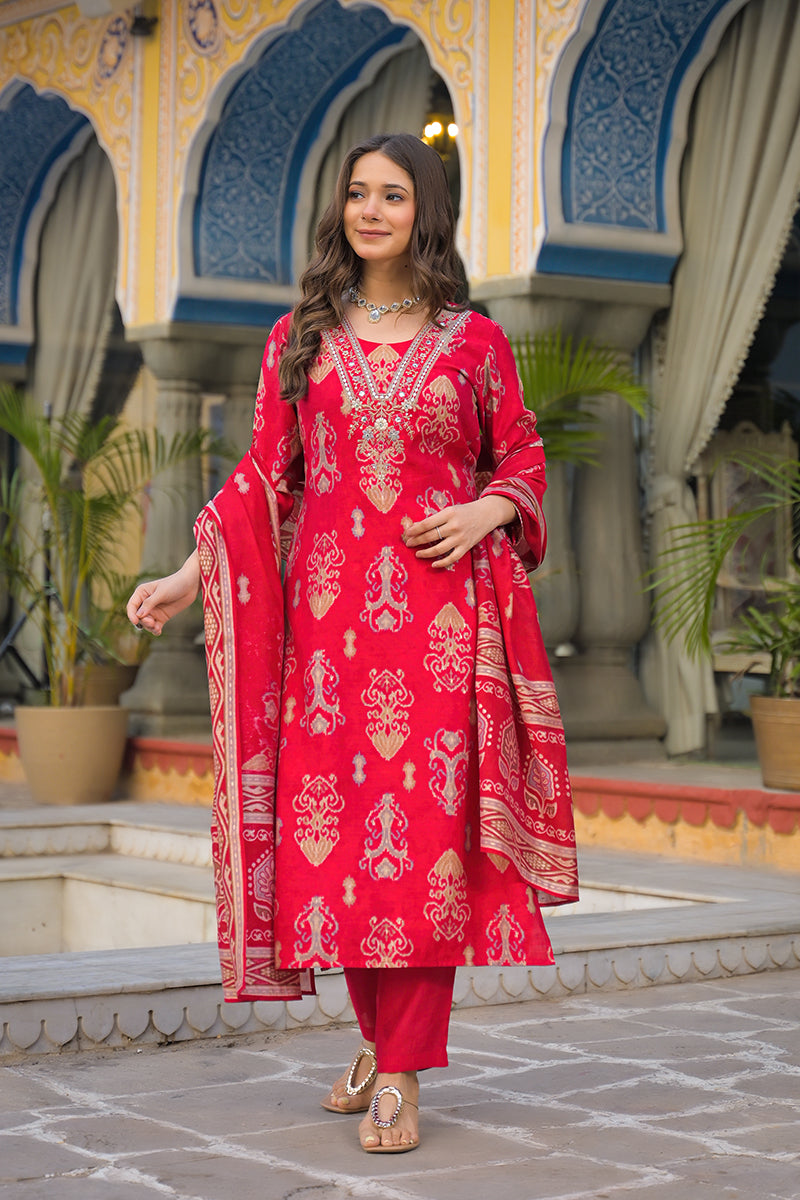 Pink Viscose Ikat Printed Straight Kurta Trousers With Dupatta