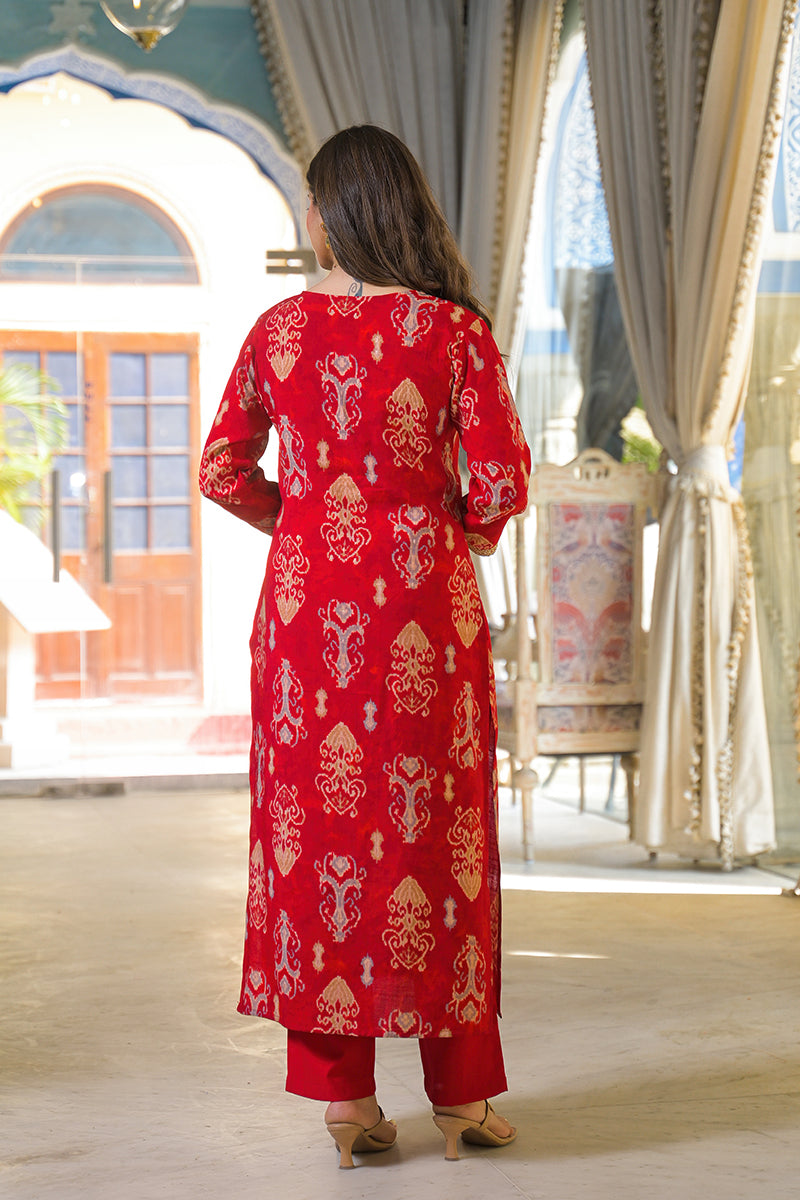 Pink Viscose Ikat Printed Straight Kurta Trousers With Dupatta