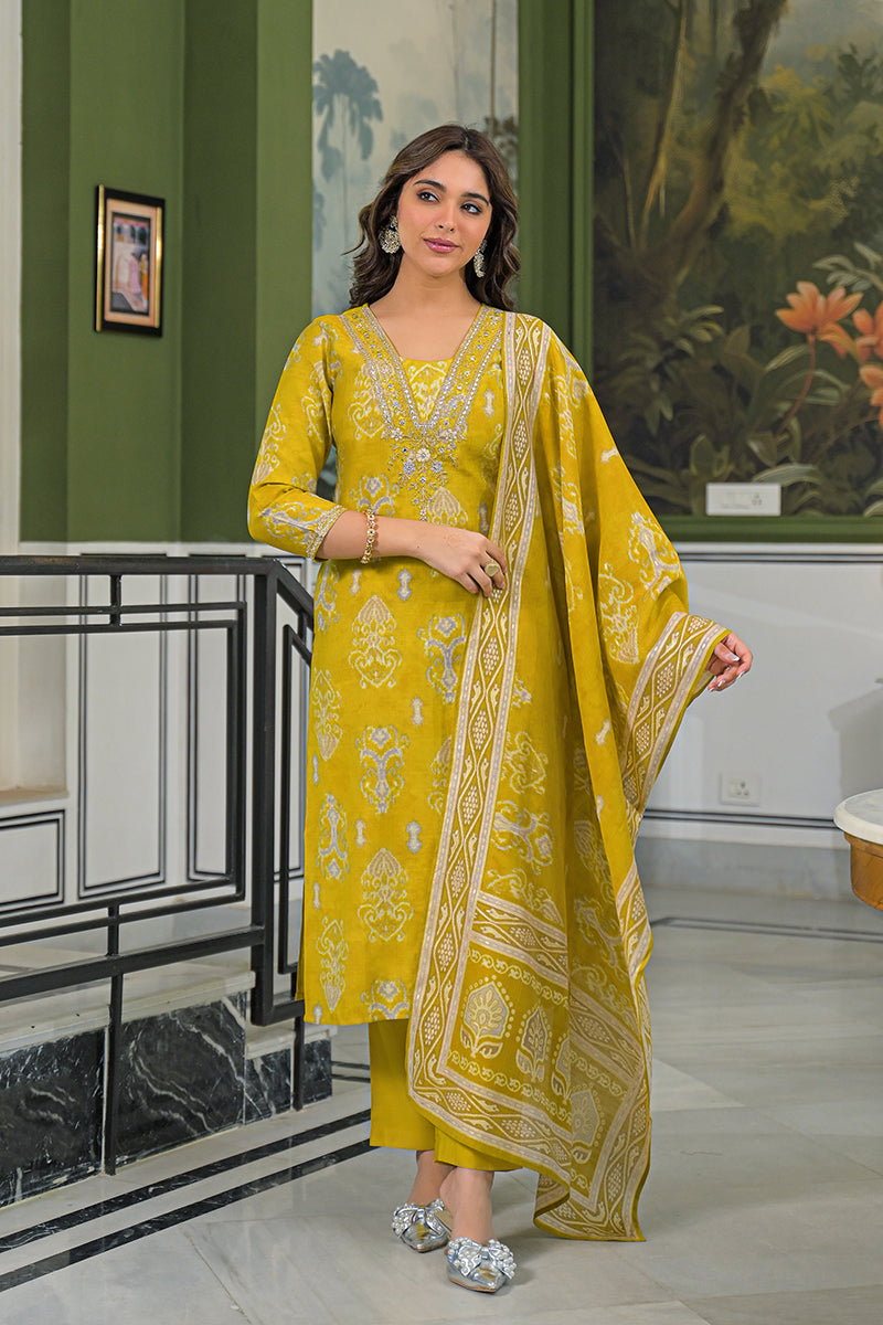 Yellow Viscose Ikat Printed Straight Kurta Trousers With Dupatta | SHOBITAM