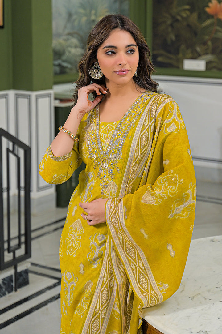 Yellow Viscose Ikat Printed Straight Kurta Trousers With Dupatta | SHOBITAM