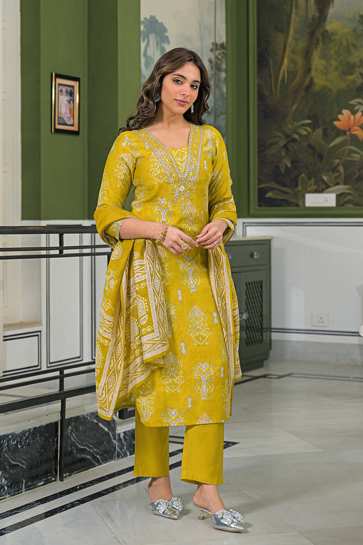 Yellow Viscose Ikat Printed Straight Kurta Trousers With Dupatta | SHOBITAM