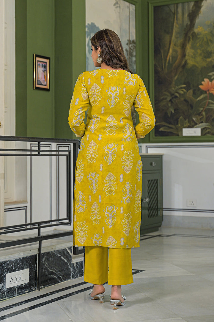Yellow Viscose Ikat Printed Straight Kurta Trousers With Dupatta | SHOBITAM