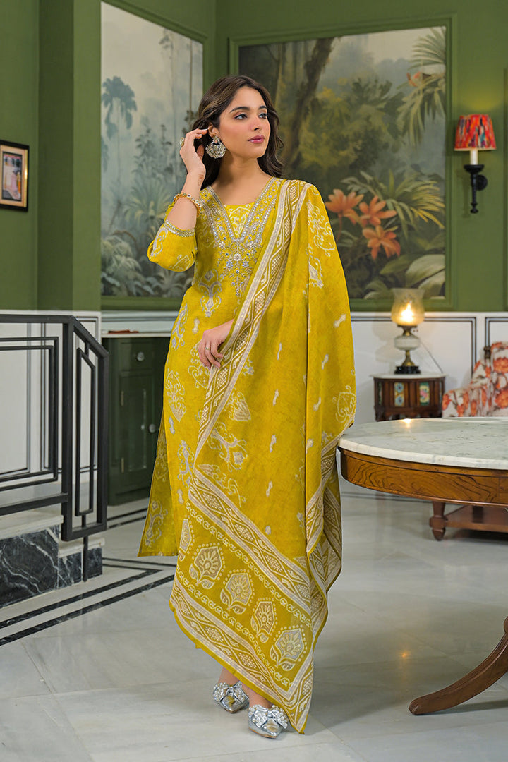 Yellow Viscose Ikat Printed Straight Kurta Trousers With Dupatta | SHOBITAM
