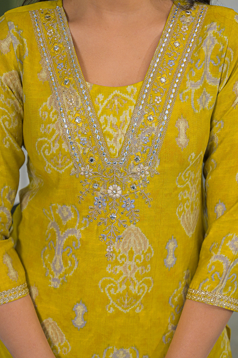 Yellow Viscose Ikat Printed Straight Kurta Trousers With Dupatta | SHOBITAM