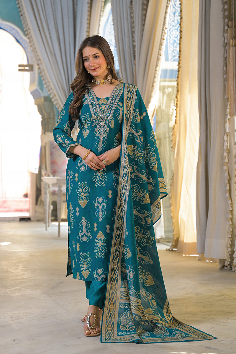 Blue Viscose Rayon Ikat Printed Straight Kurta Trousers With Dupatta | SHOBITAM