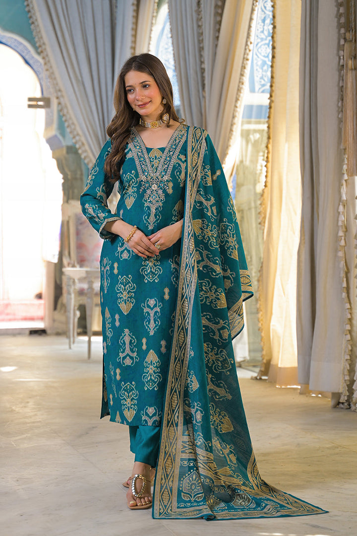 Blue Viscose Rayon Ikat Printed Straight Kurta Trousers With Dupatta | SHOBITAM
