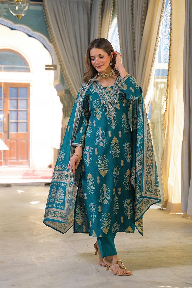 Blue Viscose Rayon Ikat Printed Straight Kurta Trousers With Dupatta | SHOBITAM