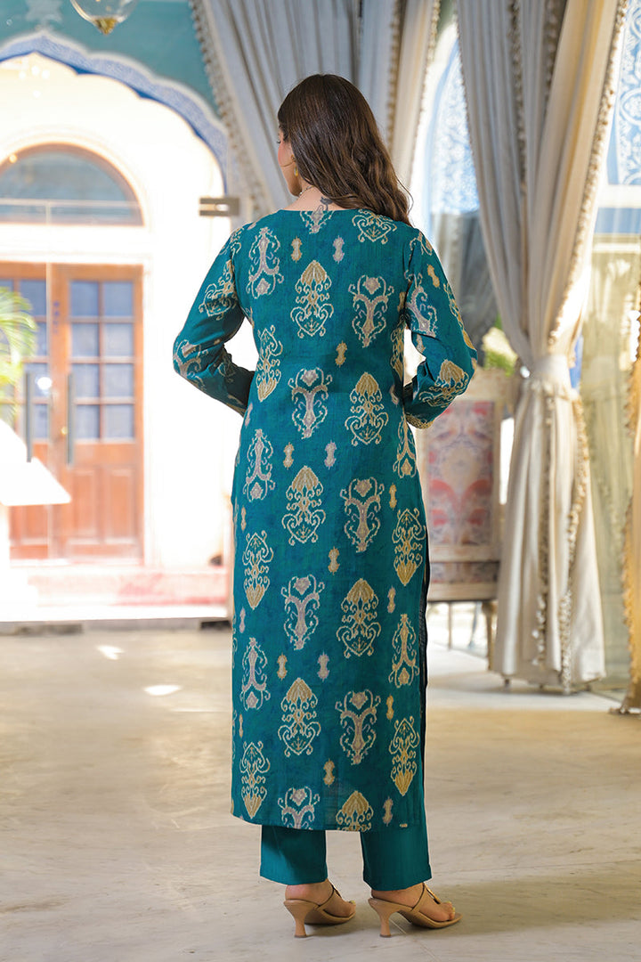 Blue Viscose Rayon Ikat Printed Straight Kurta Trousers With Dupatta | SHOBITAM