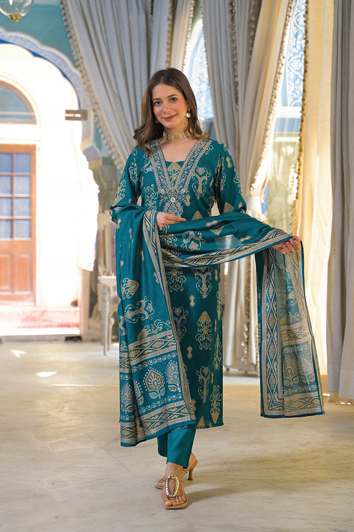 Blue Viscose Rayon Ikat Printed Straight Kurta Trousers With Dupatta | SHOBITAM