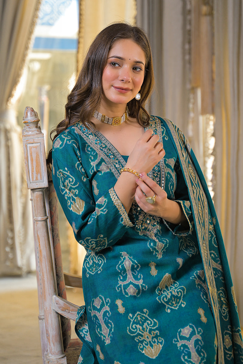 Blue Viscose Rayon Ikat Printed Straight Kurta Trousers With Dupatta | SHOBITAM