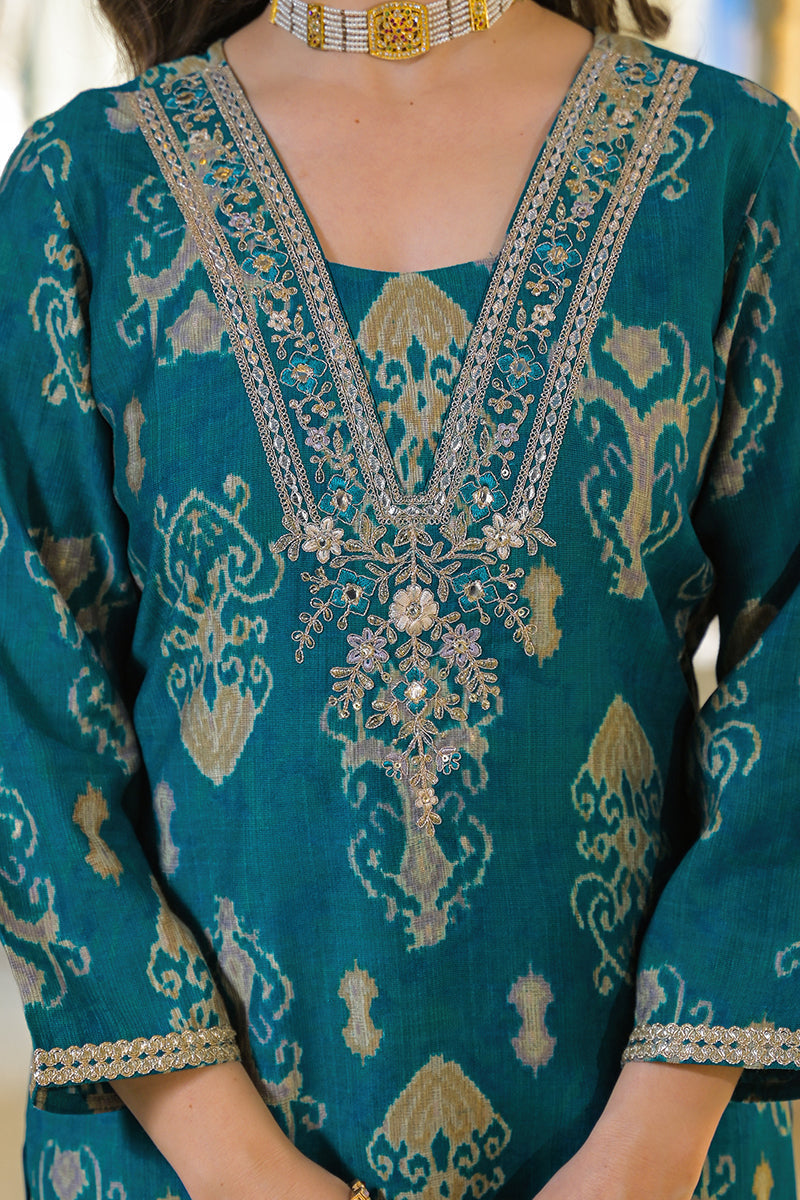 Blue Viscose Rayon Ikat Printed Straight Kurta Trousers With Dupatta | SHOBITAM