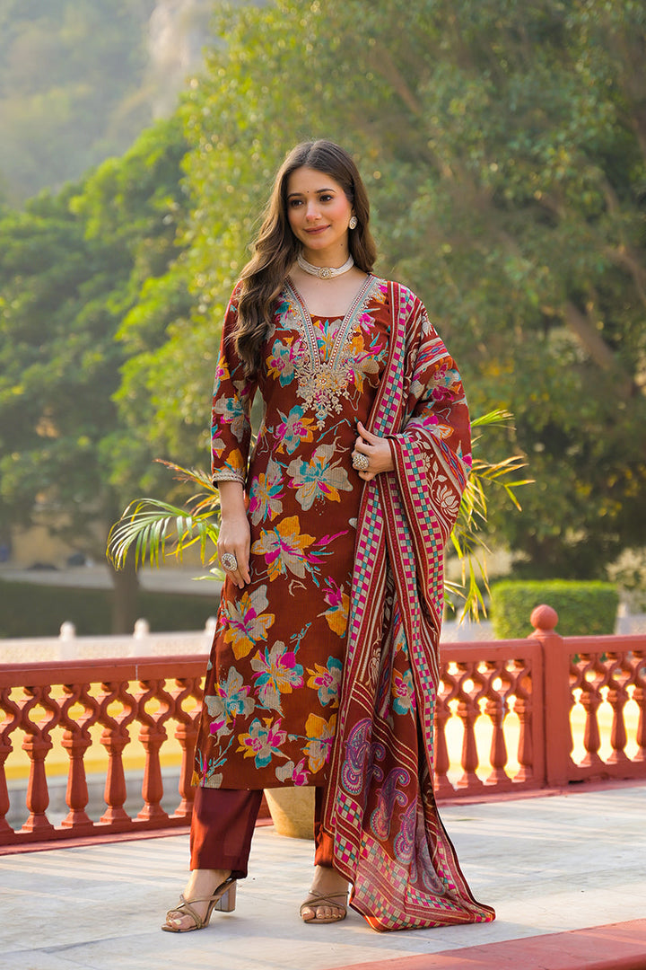 Brown Viscose Floral Printed Straight Kurta Trousers With Dupatta | SHOBITAM