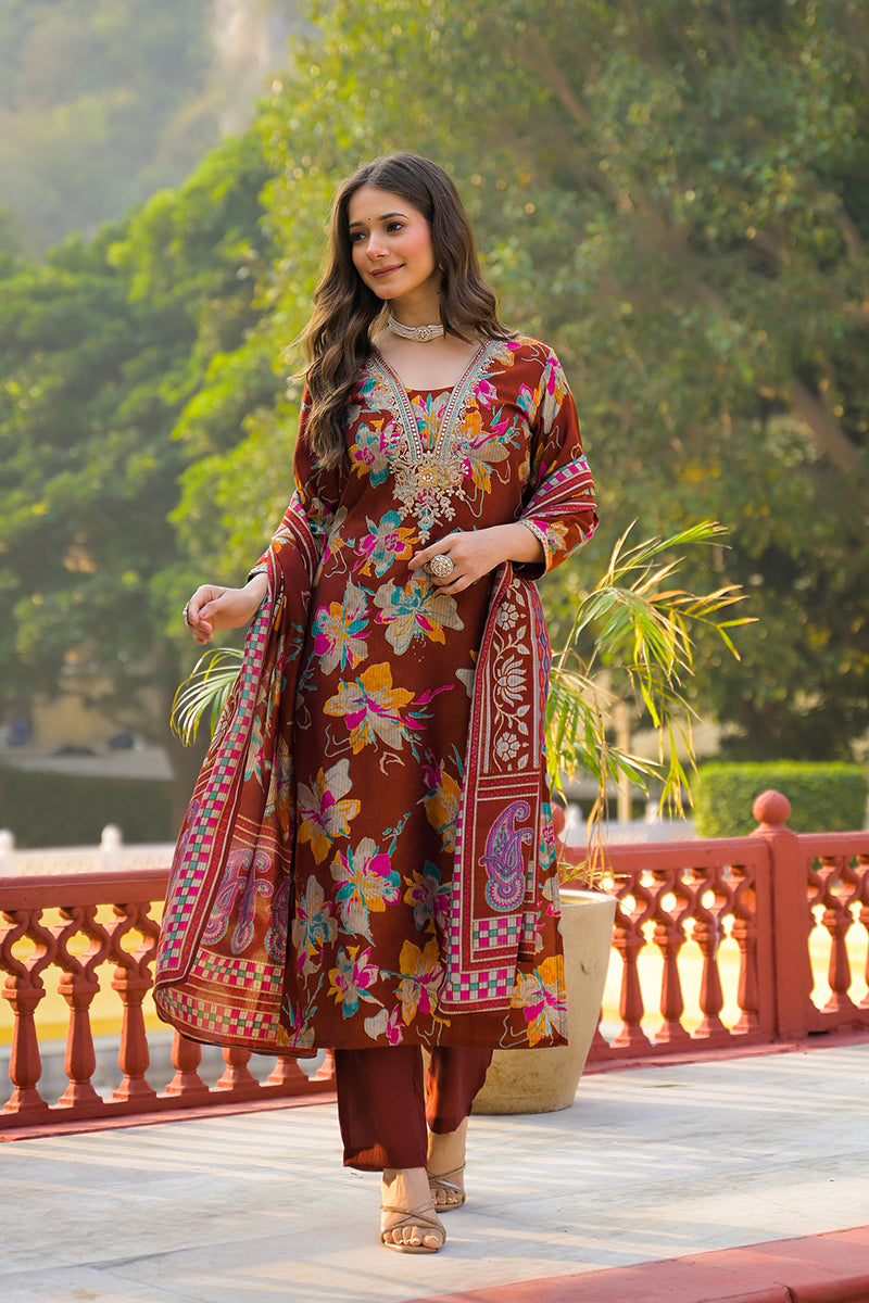 Brown Viscose Floral Printed Straight Kurta Trousers With Dupatta | SHOBITAM
