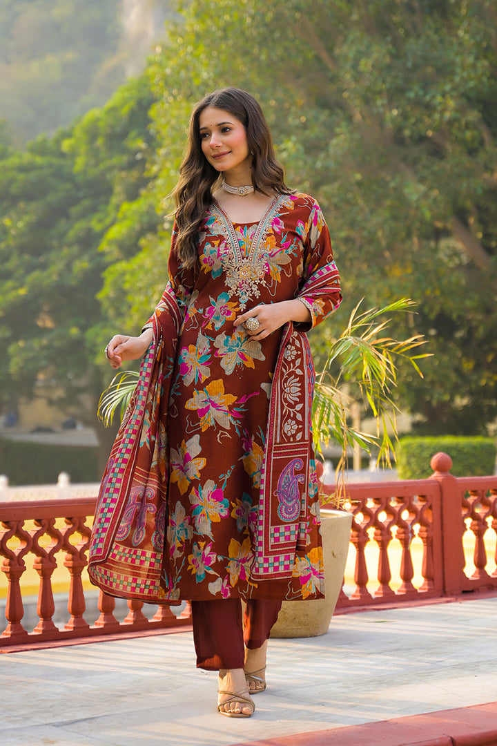 Brown Viscose Floral Printed Straight Kurta Trousers With Dupatta | SHOBITAM