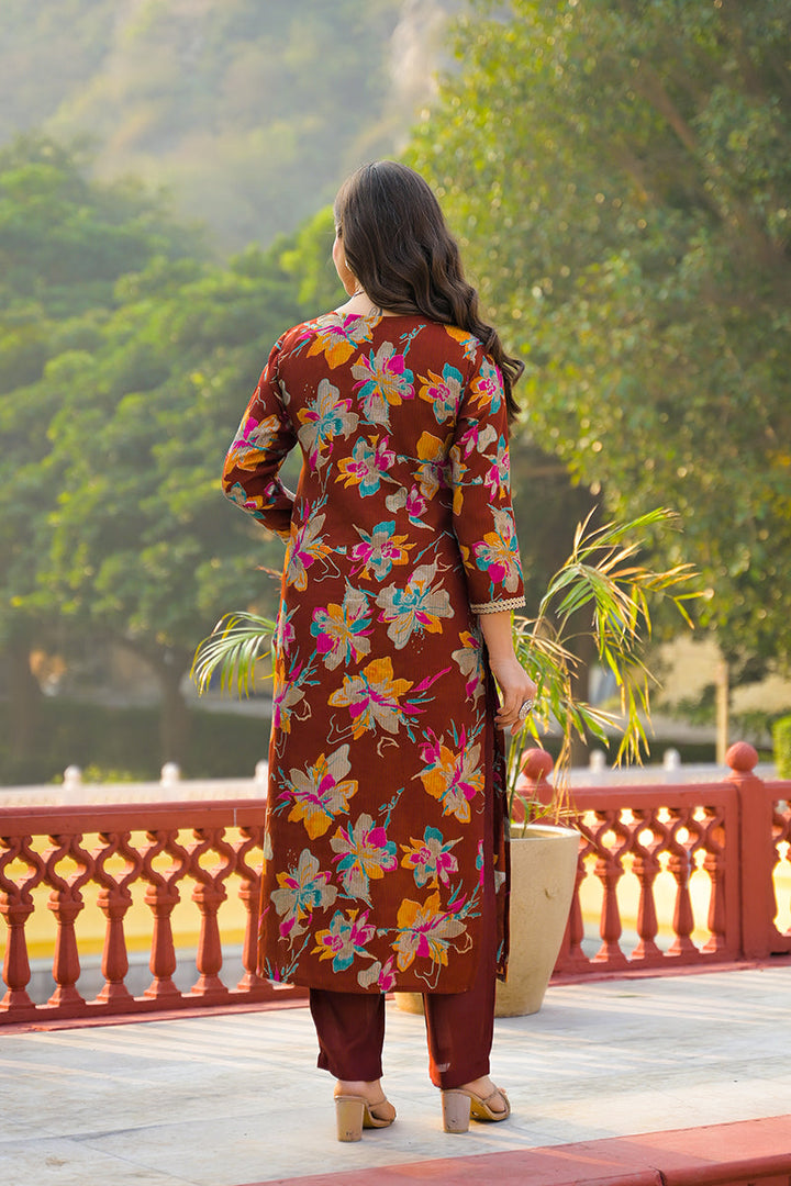 Brown Viscose Floral Printed Straight Kurta Trousers With Dupatta | SHOBITAM