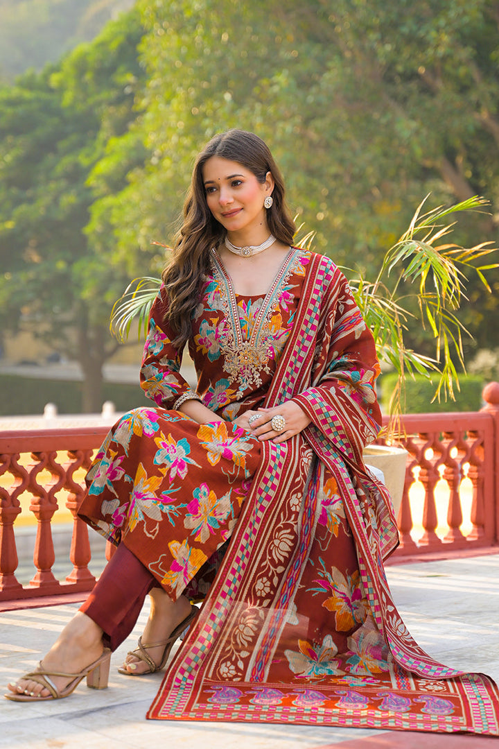 Brown Viscose Floral Printed Straight Kurta Trousers With Dupatta | SHOBITAM