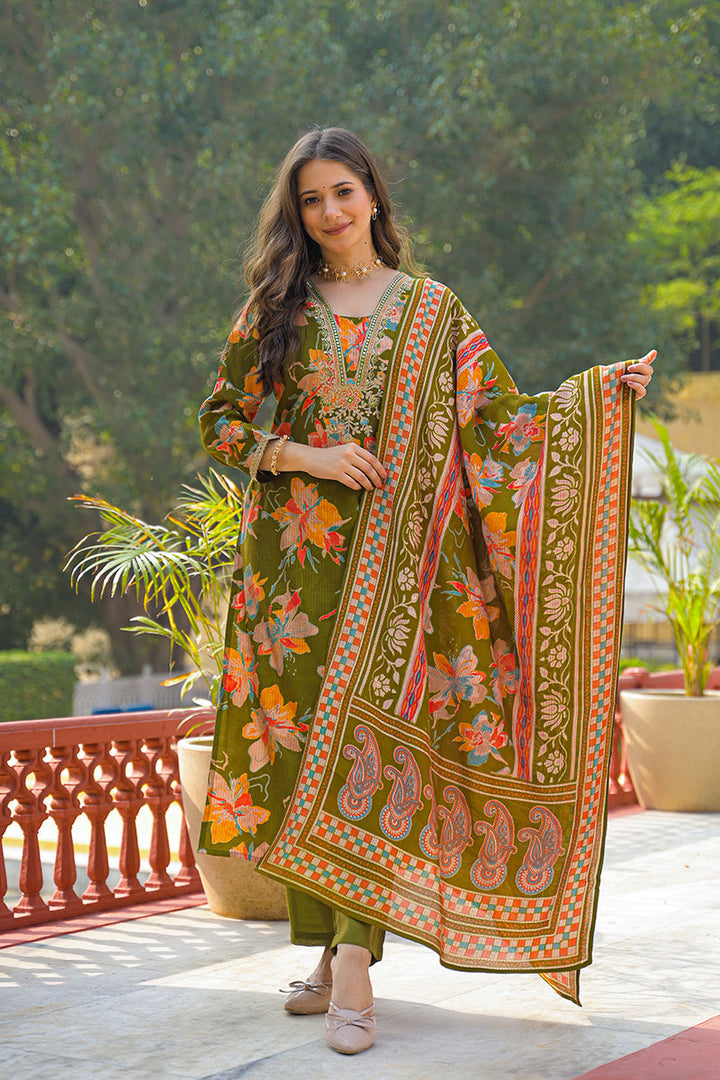 Green Viscose Floral Printed Straight Kurta Trousers With Dupatta | SHOBITAM