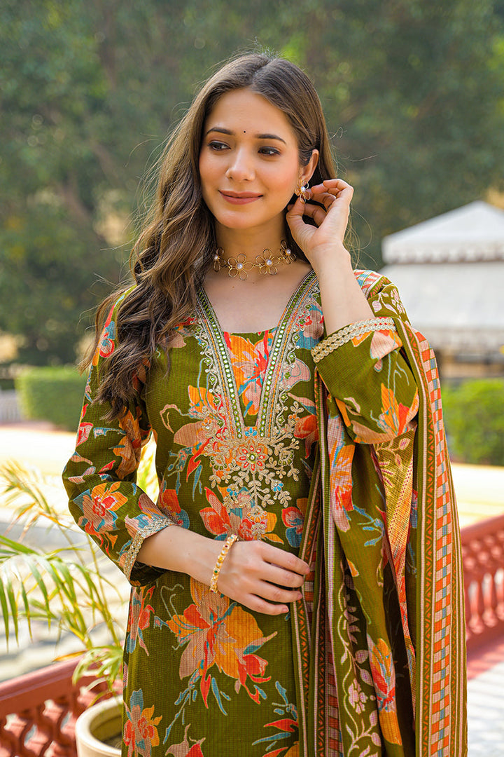Green Viscose Floral Printed Straight Kurta Trousers With Dupatta | SHOBITAM