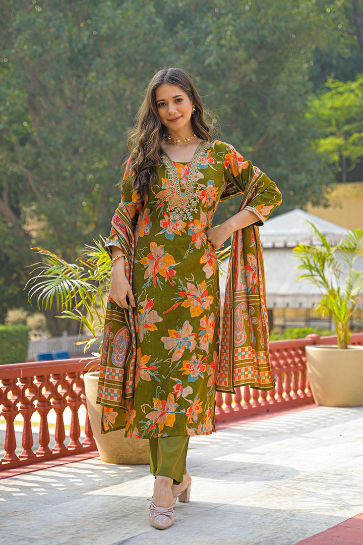 Green Viscose Floral Printed Straight Kurta Trousers With Dupatta | SHOBITAM