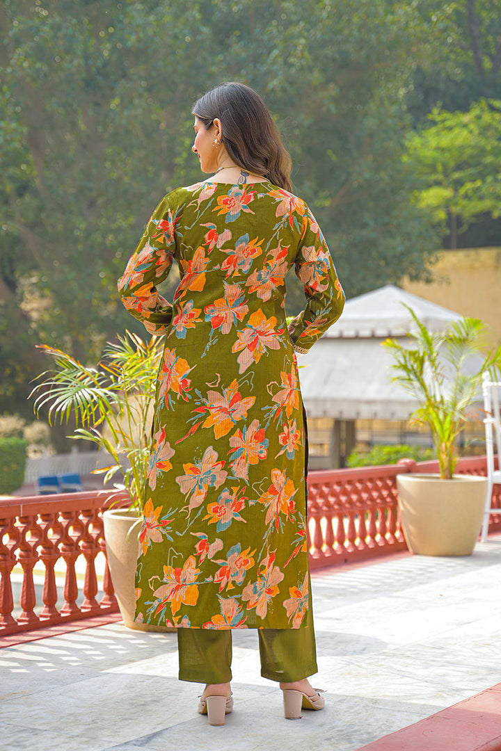 Green Viscose Floral Printed Straight Kurta Trousers With Dupatta | SHOBITAM