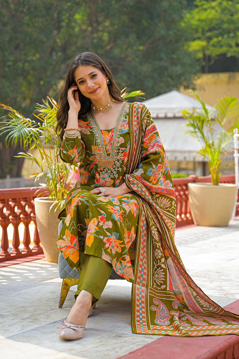 Green Viscose Floral Printed Straight Kurta Trousers With Dupatta | SHOBITAM