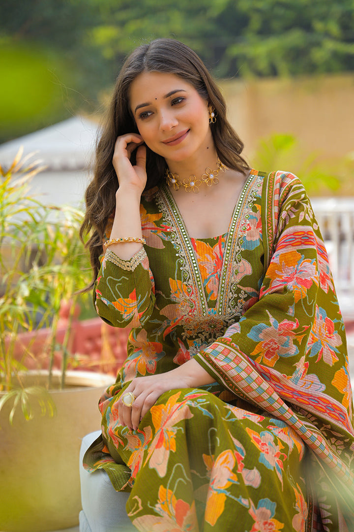 Green Viscose Floral Printed Straight Kurta Trousers With Dupatta | SHOBITAM