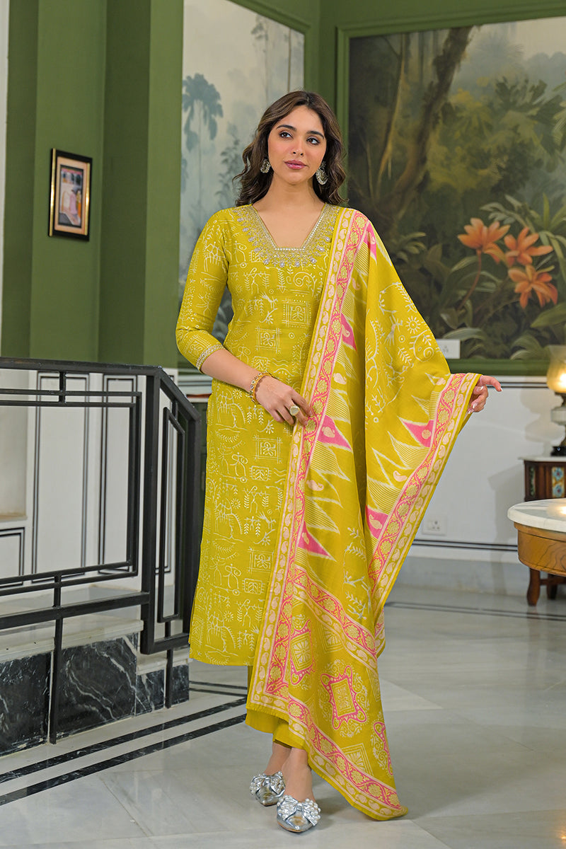 Yellow Viscose Ethnic Motifs Printed Straight Kurta Trousers With Dupatta | SHOBITAM