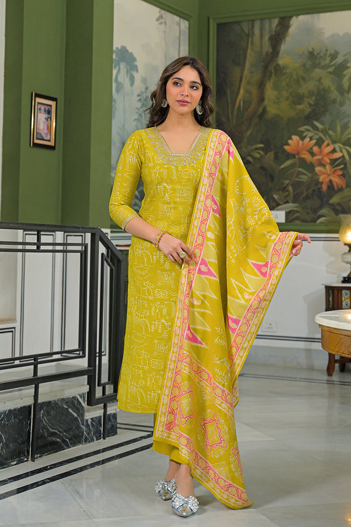 Yellow Viscose Ethnic Motifs Printed Straight Kurta Trousers With Dupatta | SHOBITAM