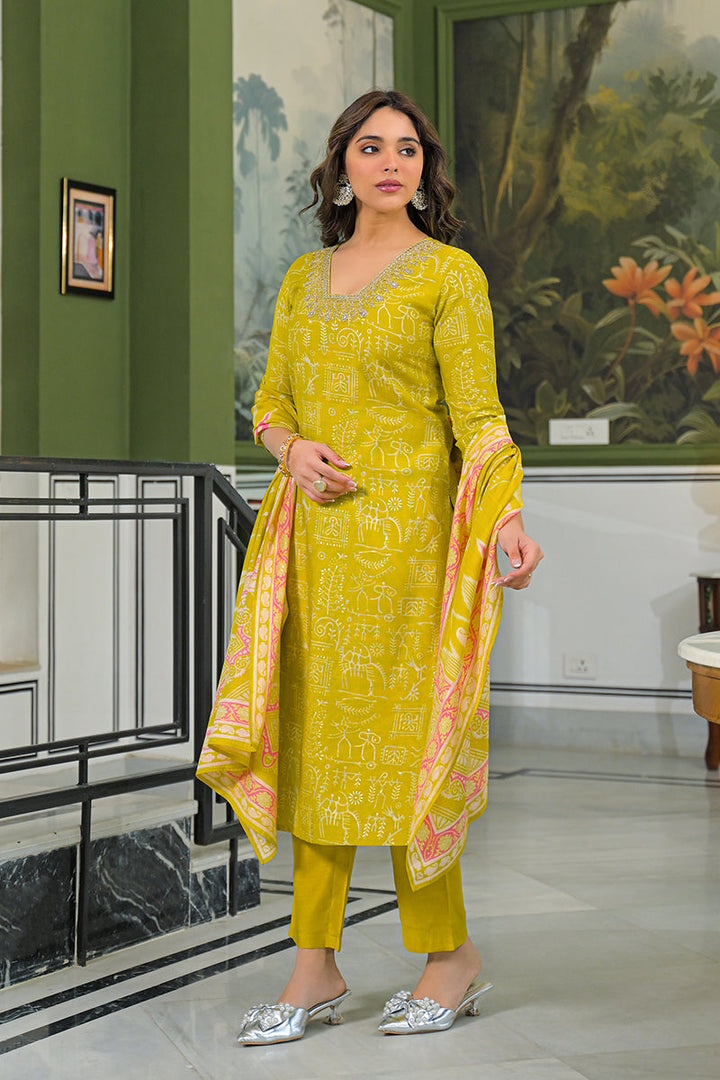 Yellow Viscose Ethnic Motifs Printed Straight Kurta Trousers With Dupatta | SHOBITAM