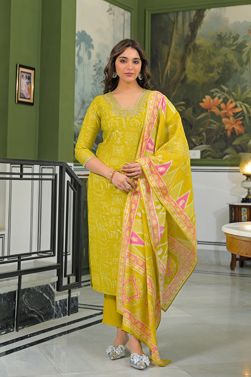 Yellow Viscose Ethnic Motifs Printed Straight Kurta Trousers With Dupatta | SHOBITAM